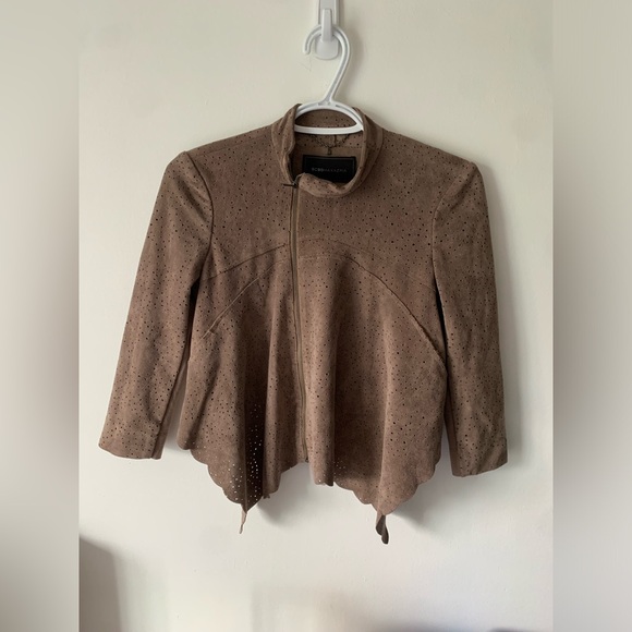 BCBGMaxAzria Bri Faux Suede Brown Mocha Scallop Cropped Jacket XXS - Picture 2 of 5
